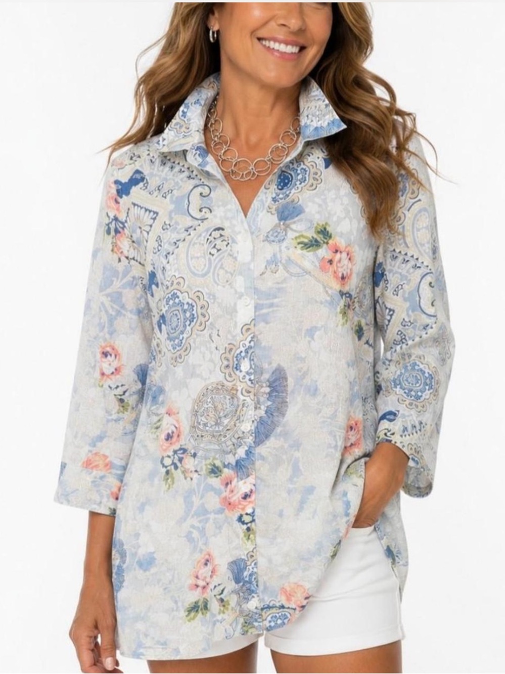 Chico's No-Iron Linen Button-Up Blouse Boho Floral Paisley 3/4 Sleeve Size L